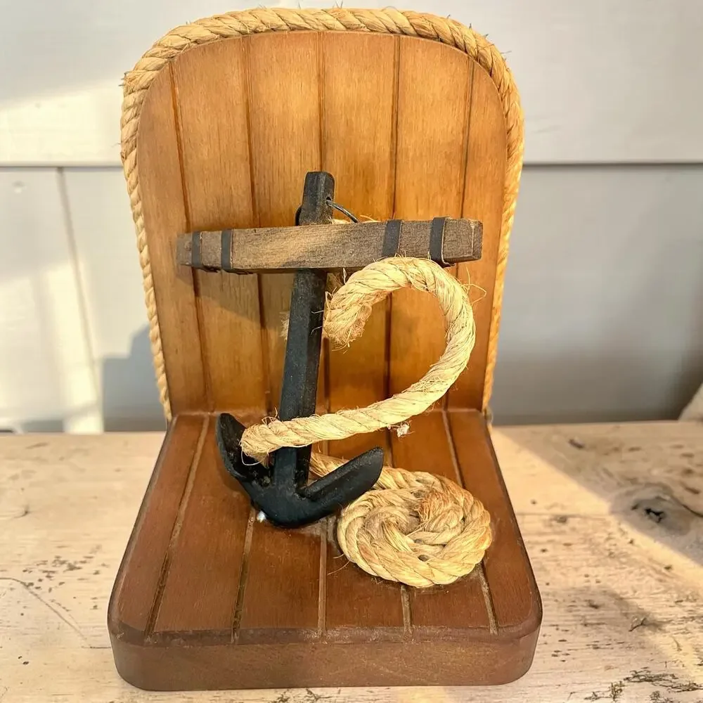 Vintage Nautical Wood Anchor Rope Bookends Pair Made in Taiwan Coastal Decor